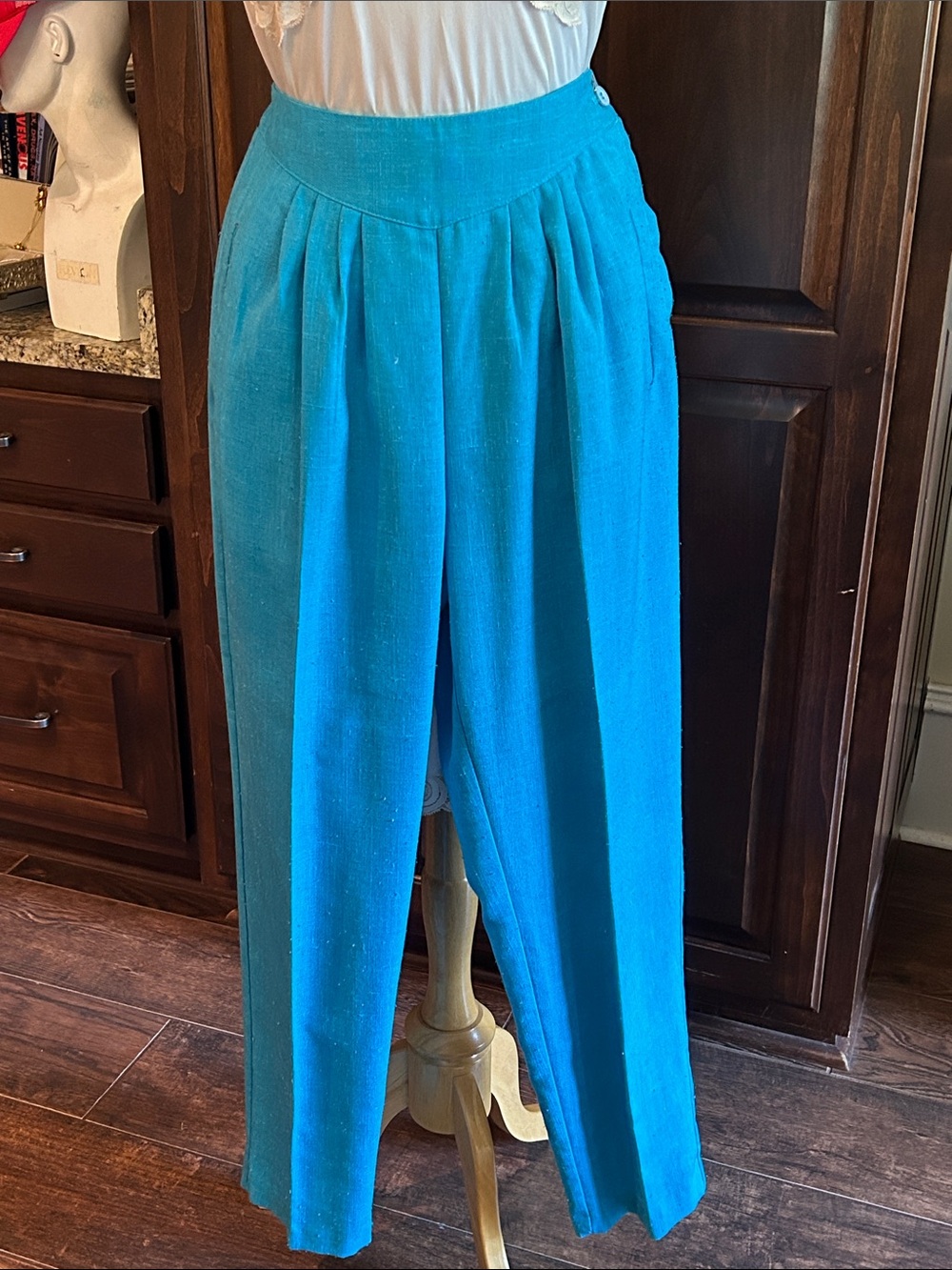 1980’s Sz 4 High-Waist Pleated Wide-Leg Pants Linen Look Teal